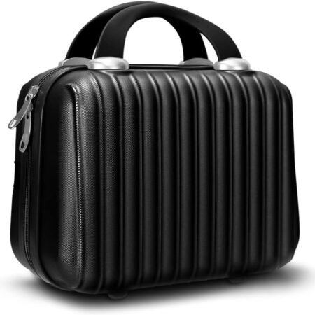 Makeup Travel Case 11 inch Hard Shell Cosmetic Organizer Bag Small Portable Make up Train Hand Luggage with Elastic Strap  Mini Suitcase for Women Girls, Black
