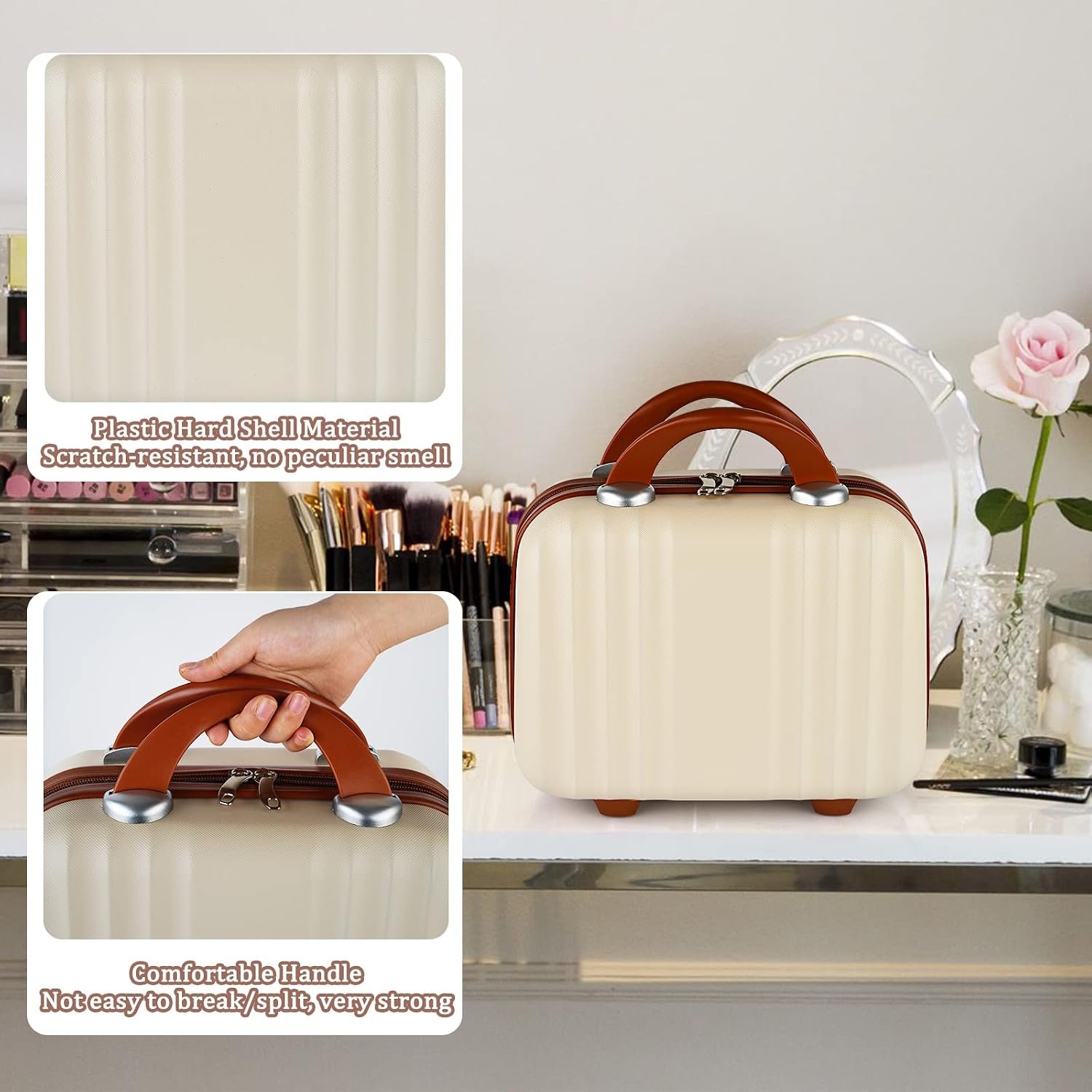 Small Hard Shell Cosmetic Case Travel Hand Luggage Portable Carrying Makeup Case Suitcase, Creamy-White-1, 1 Count (Pack of 1) - Image 2
