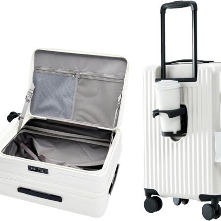 24 Inch Expandable Carry On Luggage with Cup Holder, Hardside TSA Approved Luggage with Spinner Wheels, Top Opening Suitcase For Travel, White