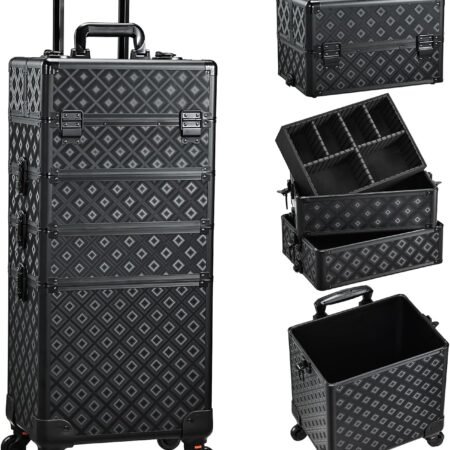 4 in 1 Rolling Makeup Trolley Train Case Cosmetic Suitcase Nail Tech Box for Makeup Artist, Hairstylists, Nail Tech Case with with Keys Swivel Wheels Traveling Trunk, Shine Grid, Rolling Makeup