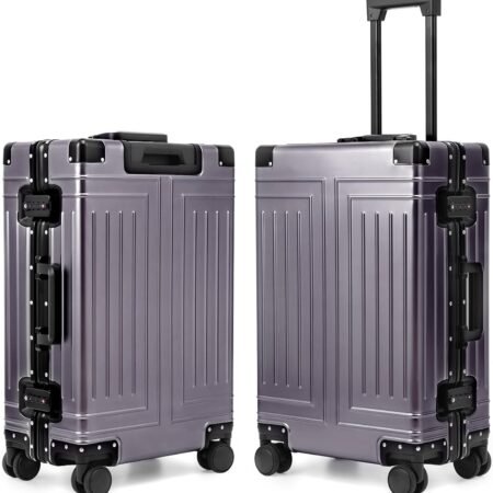 All-aluminum carry-on suitcase, precision-cut from a single sheet of aluminum; meets airline carry-on size requirements (22 x 14 x 9 inches).