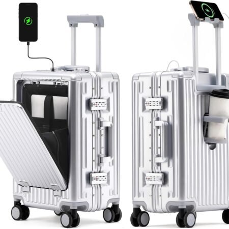 24 Inch Checked In Luggage with Cup Phone Holder and Laptop Compartment, PC Hard Shell Suitcase with Spinner Wheels and USB Port, Large Luggage for Business Travel