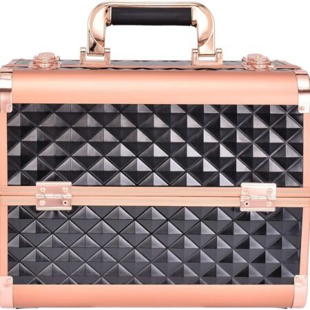 fessional Makeup Box Cosmetics Case Jewelry Organiser Vanity Make Up Storage Box Beauty Train Case Lockable with Keys, Black & Gold, Cosmetic Bag
